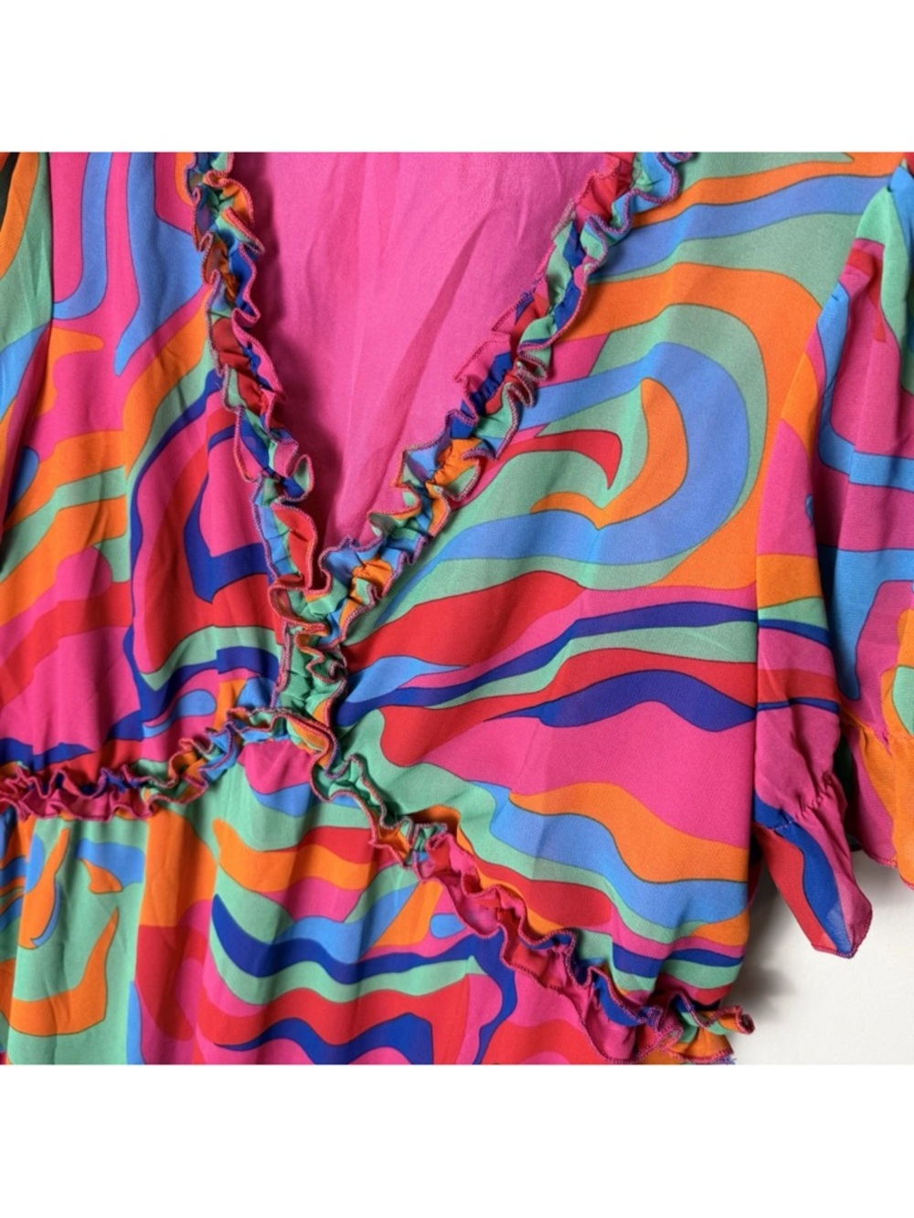 NWOT Maxi Dress Sz Large Casual Boho Printed V Neck Long Evening Colorful Ruffle - Picture 5 of 8